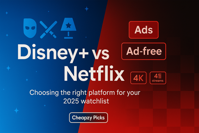 Split-screen hero image comparing Disney+ vs Netflix in 2025, showing franchise icons and labels for ads, ad-free, 4K, and simultaneous streams with Cheapzy branding.