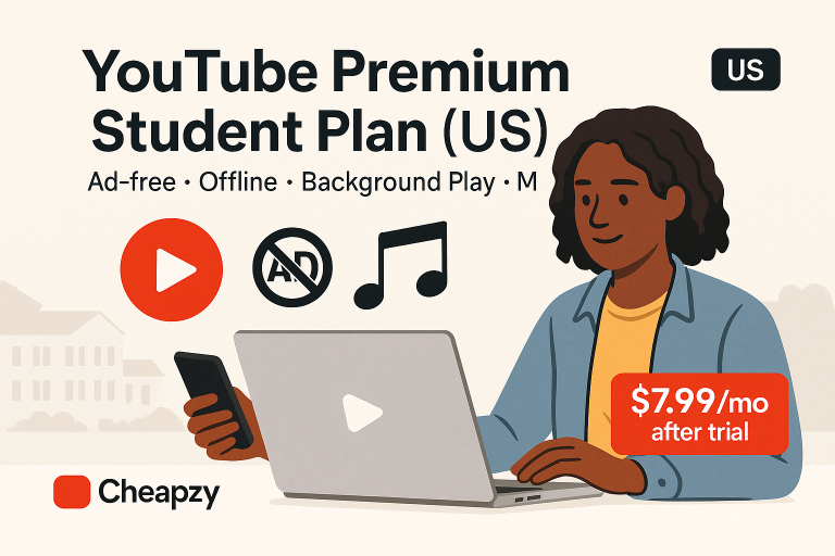Illustration of a college student using a laptop and phone with YouTube icons and a “$7.99/mo after trial” badge, highlighting ad-free, offline, and background-play benefits, branded Cheapzy.