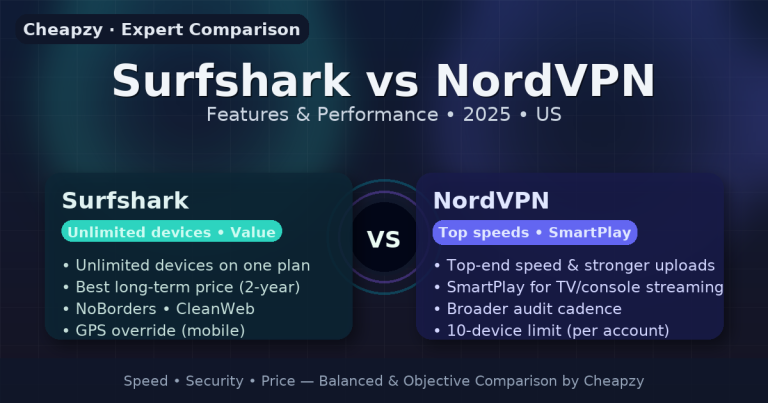 Bold split-card banner comparing Surfshark (unlimited devices, value, NoBorders) vs NordVPN (top speeds, SmartPlay, broader audits) with ‘Surfshark vs NordVPN — Features & Performance • 2025 • US’ header and Cheapzy tag.