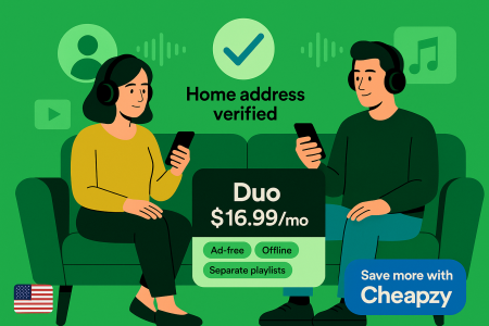 Illustration of two roommates on a sofa wearing headphones, with a “Home address verified” checkmark and a card reading “Spotify Premium Duo $16.99/mo – Ad-free, Offline, Separate playlists,” plus a “Save more with Cheapzy” label.